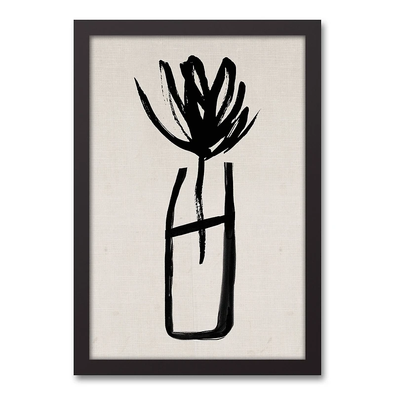 Beige & Black Ink Stroke Flower Black Framed Canvas