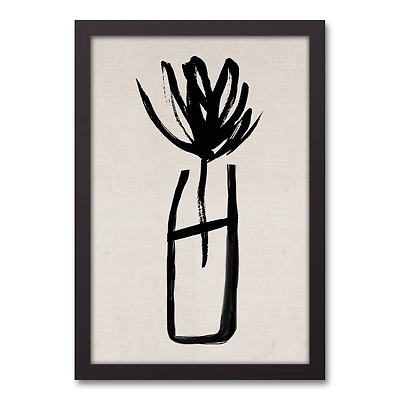 Beige & Black Ink Stroke Flower Black Framed Canvas