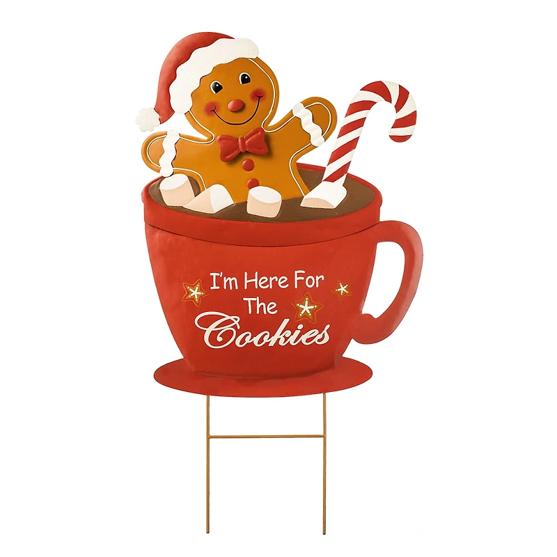 Glitzhome® 30.25" Metal Gingerbread Man in Coffee Mug Yard Stake