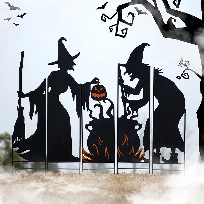 Glitzhome® 34.5" Halloween Metal Silhouette Witches With Cauldron Yard Stake Set
