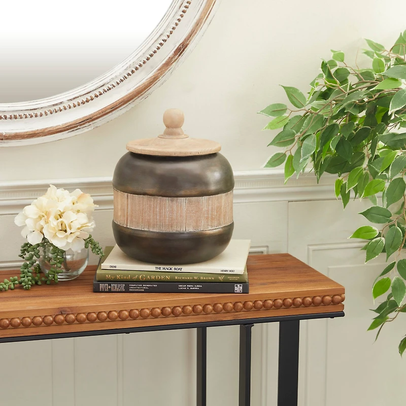 11" Brown Metal Rustic Decorative Jar