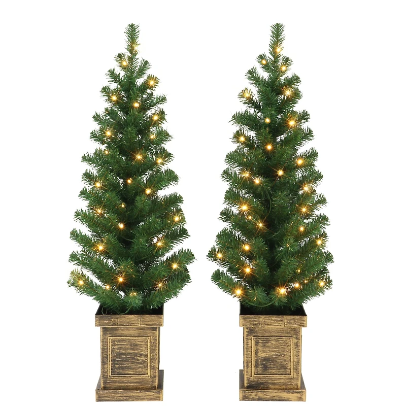 2 Pack 3.5ft. Pre-Lit Battery Operated Artificial Christmas Tree in Box Planter, Warm White LED Lights