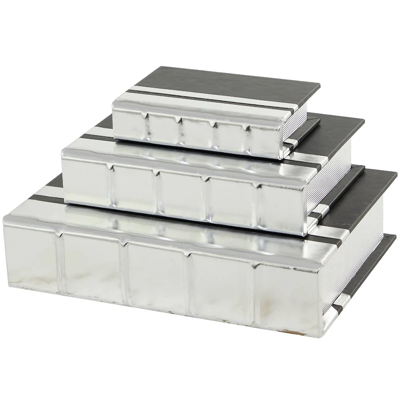 CosmoLiving by Cosmopolitan Silver Faux Leather Faux Book Box with Metallic Finish Set