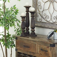 Dark Brown Mango Wood Traditional Candle Holder Set, 3ct.
