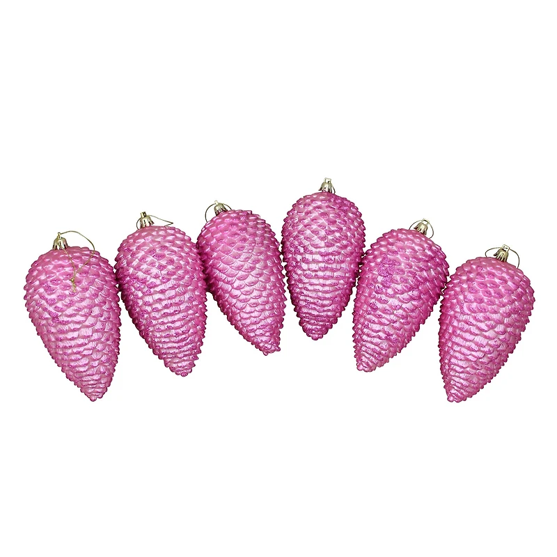 6ct. 6.5" Pink Shatterproof Glitter Pine Cone Christmas Ornaments