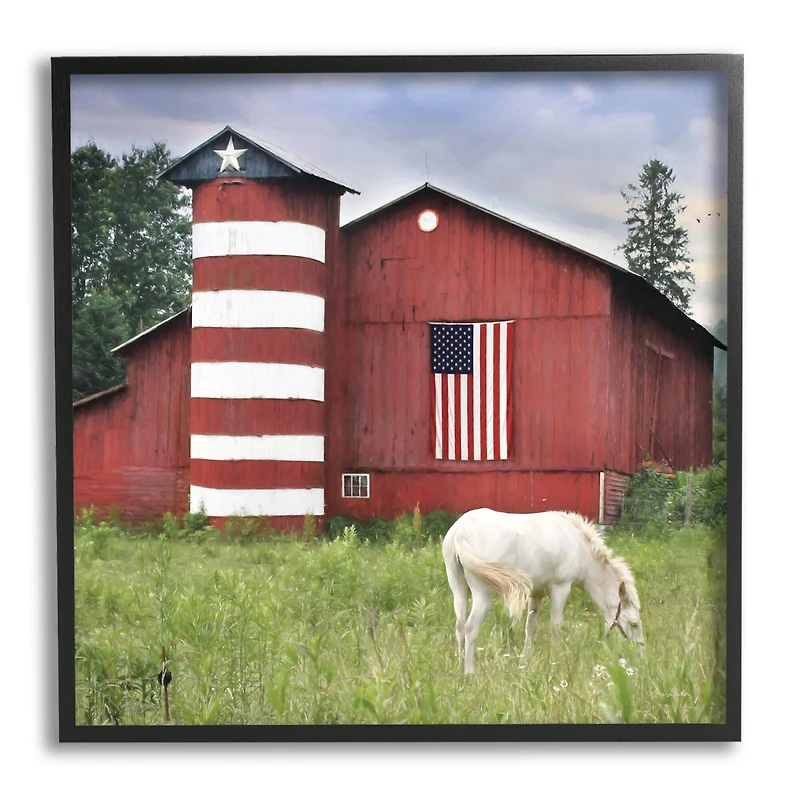Stupell Industries Grazing White Horse Red Americana Barn Flag Framed Giclee Art