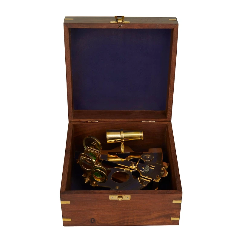 Gold Brass Sextant Compass with Decorative Box Set