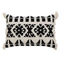 Hello Honey® Black and White Handwoven Cotton Kilim Lumbar Pillow Cover with Pattern and Fringe