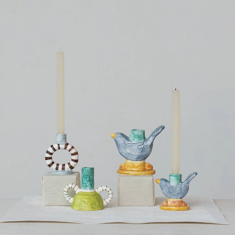 Hello Honey® 6" Yellow & Blue Chirpy Elegance Stoneware Taper Candle Holder