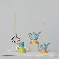 Hello Honey® 6" Yellow & Blue Chirpy Elegance Stoneware Taper Candle Holder