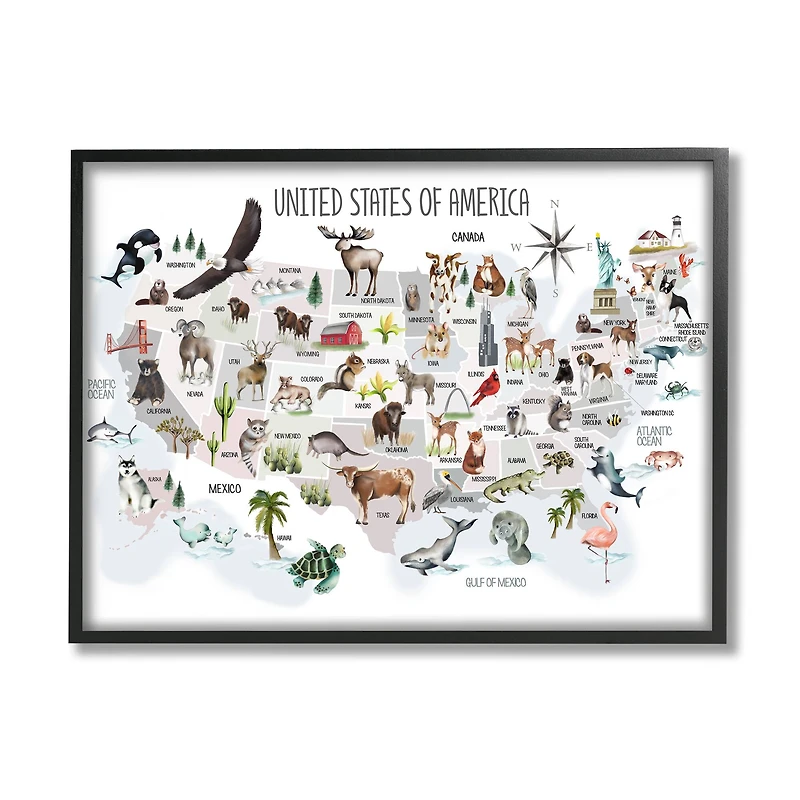 Stupell Industries United States of America Map of Animals Kid's Illustration in Frame Wall Art