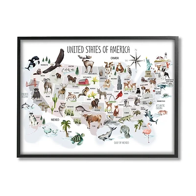 Stupell Industries United States of America Map of Animals Kid's Illustration in Frame Wall Art