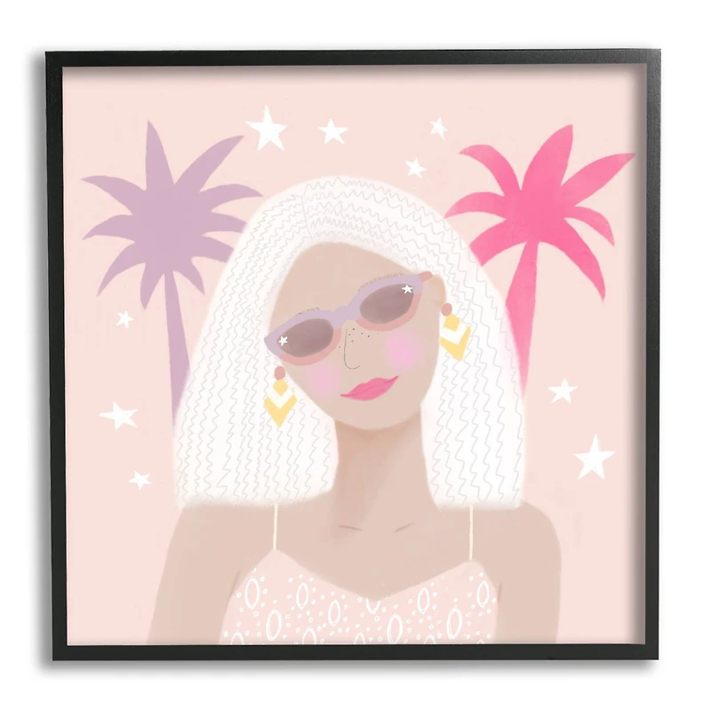 Stupell Industries Tropical Girl Fashionista Pink Palm Trees Starry Sky Framed Wall Art