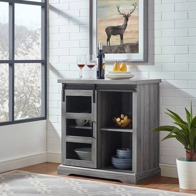 Walker Edison 32" Slate Grey Sliding Glass Door Modern Accent Cabinet 