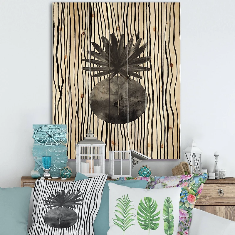 Designart - Black and White Tropical Leaf On Striped I