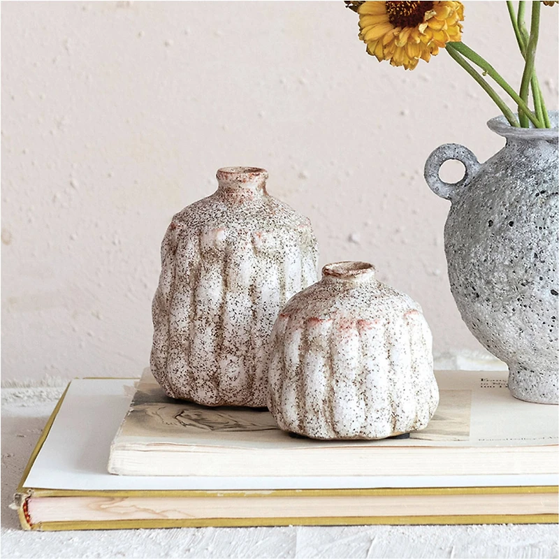 Hello Honey® Cream Terra Cotta Vase with Raised Rectangle Pattern Set