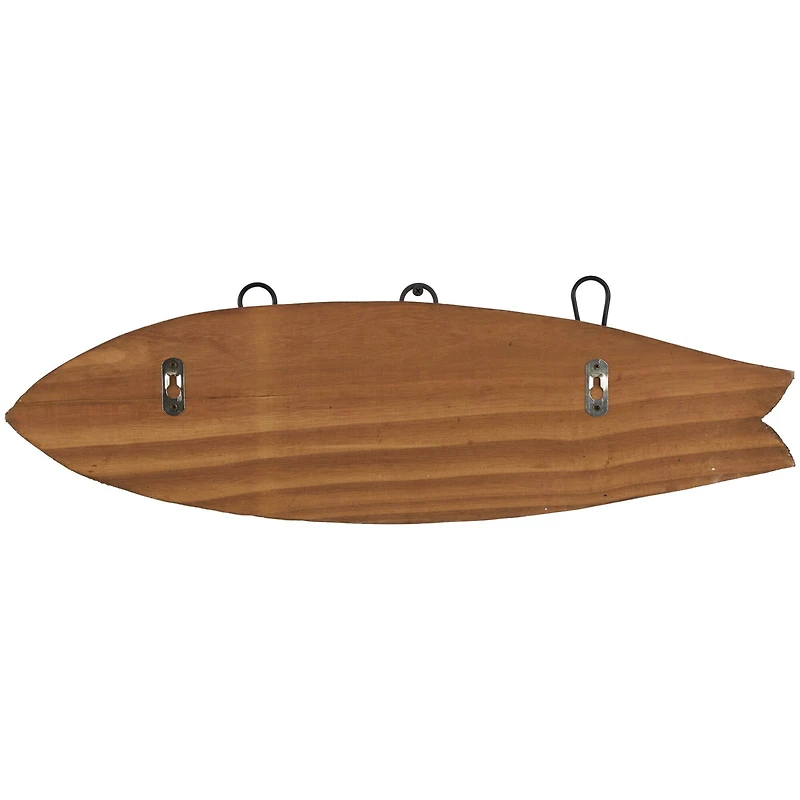 22.5" x 7" Brown Wood Handmade Distressed Fish Shaped 3 Hanger Wall Hook with Metal Accents