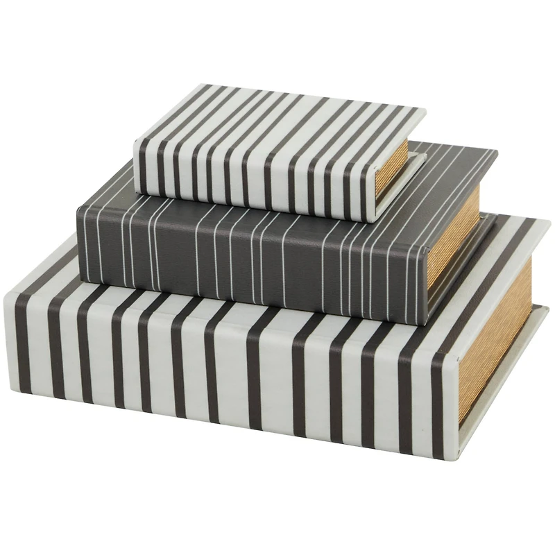 Black & White Stripe Faux Leather Faux Book Box with Striped Patterns Set 