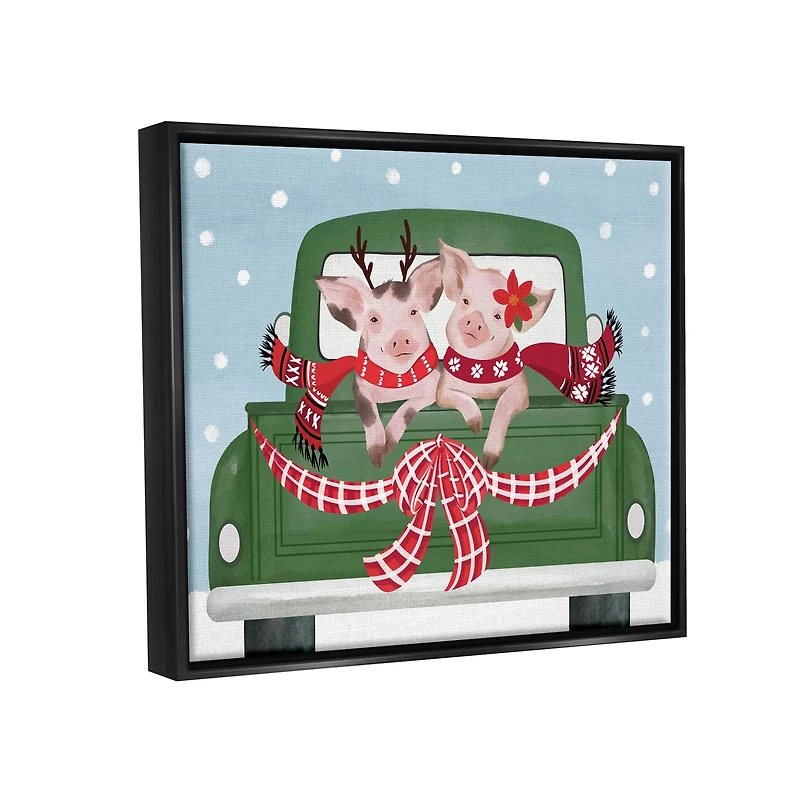 Stupell Industries Farmhouse Pigs Green Holiday Truck Framed Floater Canvas Wall Art