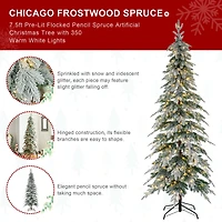 7.5ft. Pre-Lit Flocked Pencil Spruce Christmas Tree Kit with Ornaments, Tree Skirt & Santa Figurine