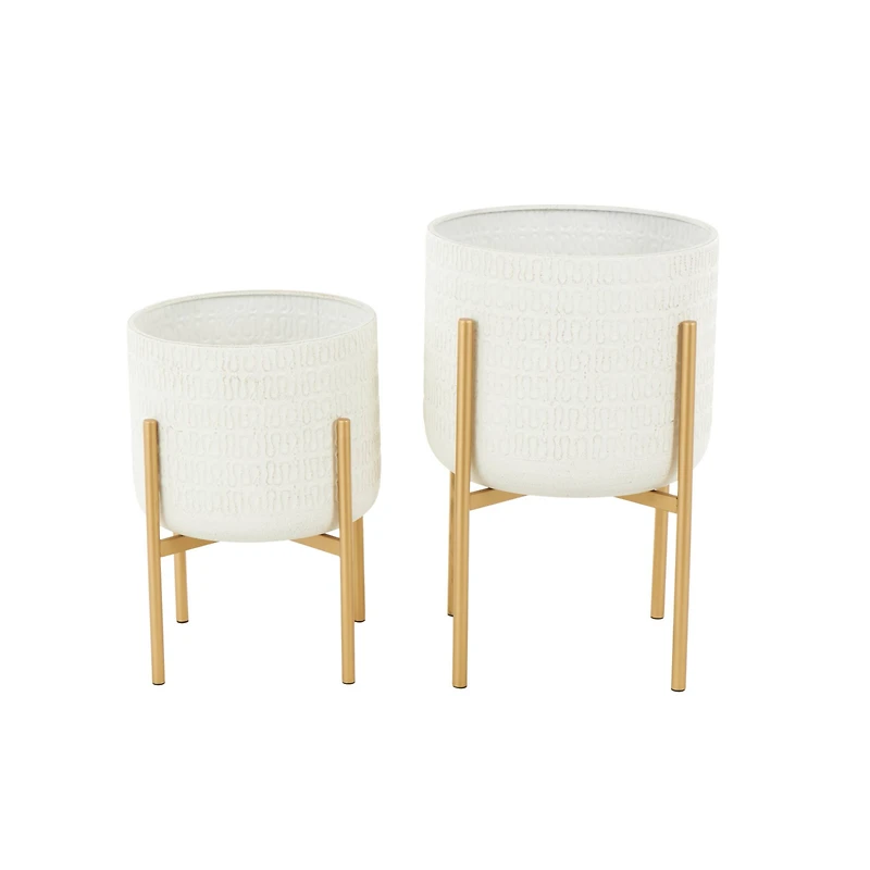 White & Gold Metal Dome Planter with Stand Set