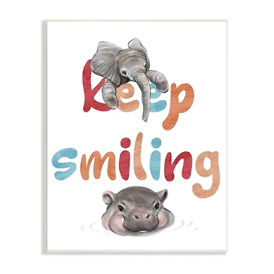 Stupell Industries Keep Smiling Motivational Children's Phrase Baby Elephant Hippo Wall Plaque