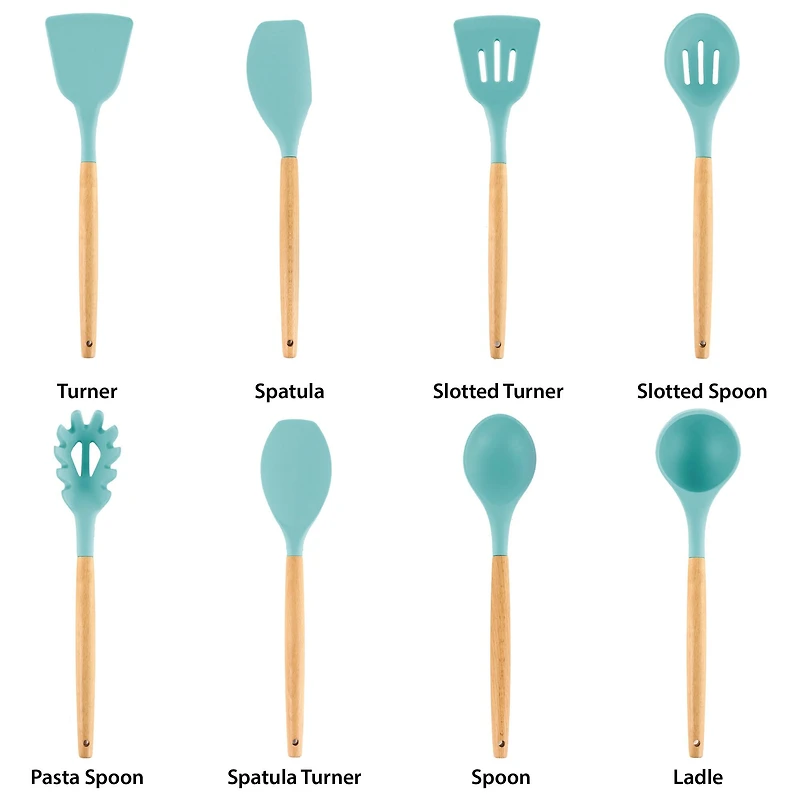 MegaChef Light Teal Silicone & Wood Cooking Utensils Set