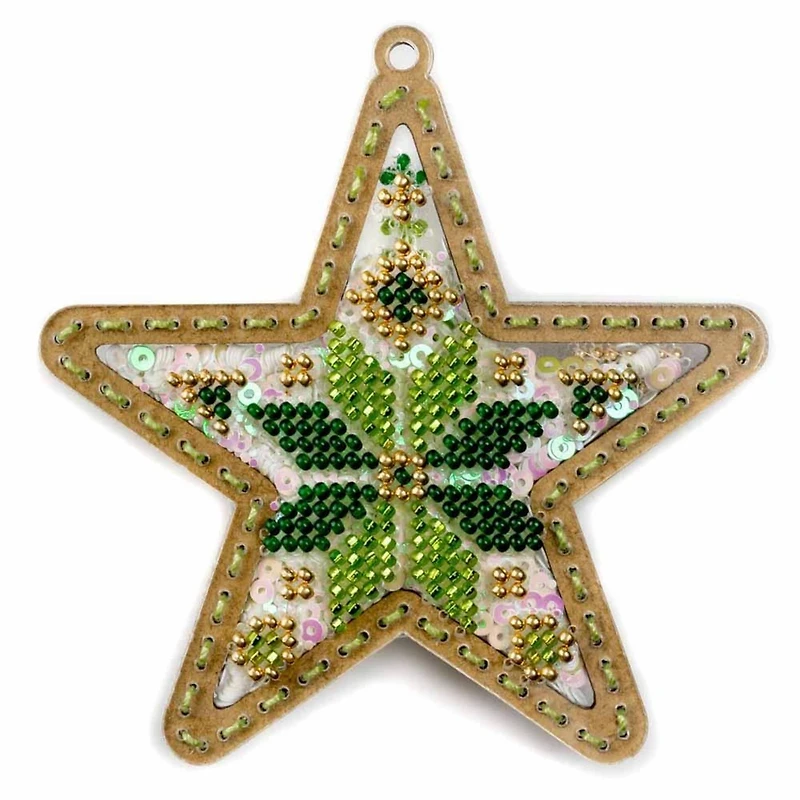 Wonderland Crafts Green & Gold Star Christmas Ornament Bead Embroidery Kit