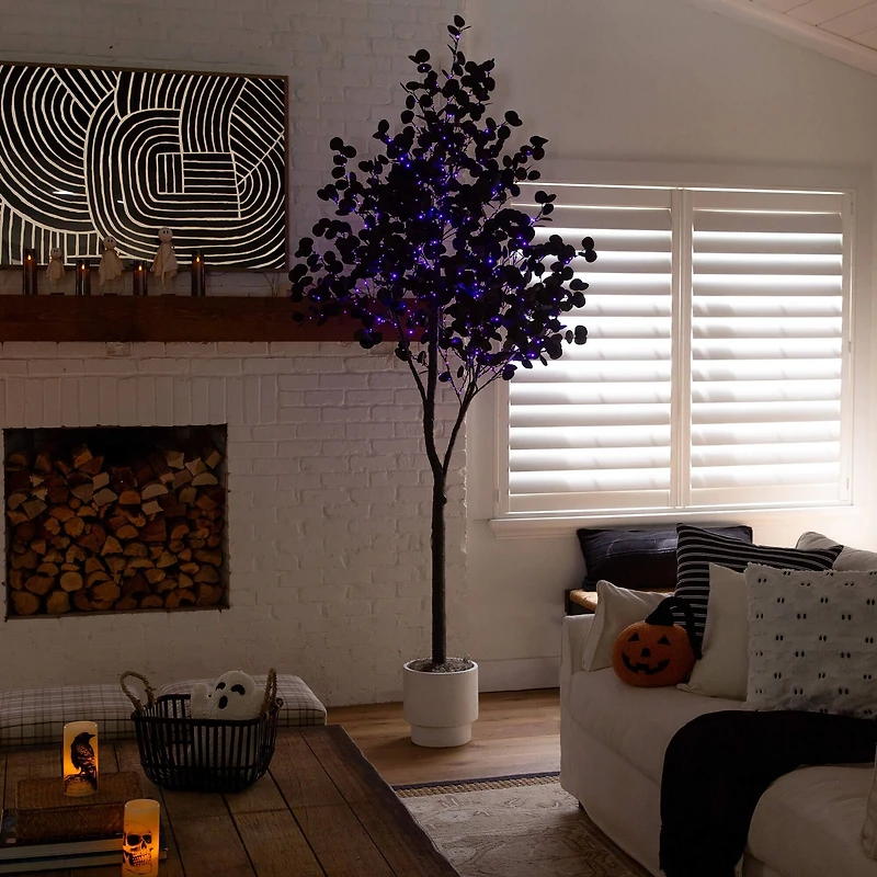 9ft. Pre-Lit Artificial Halloween Black Eucalyptus Tree with 700 Orange & Purple LED Lights