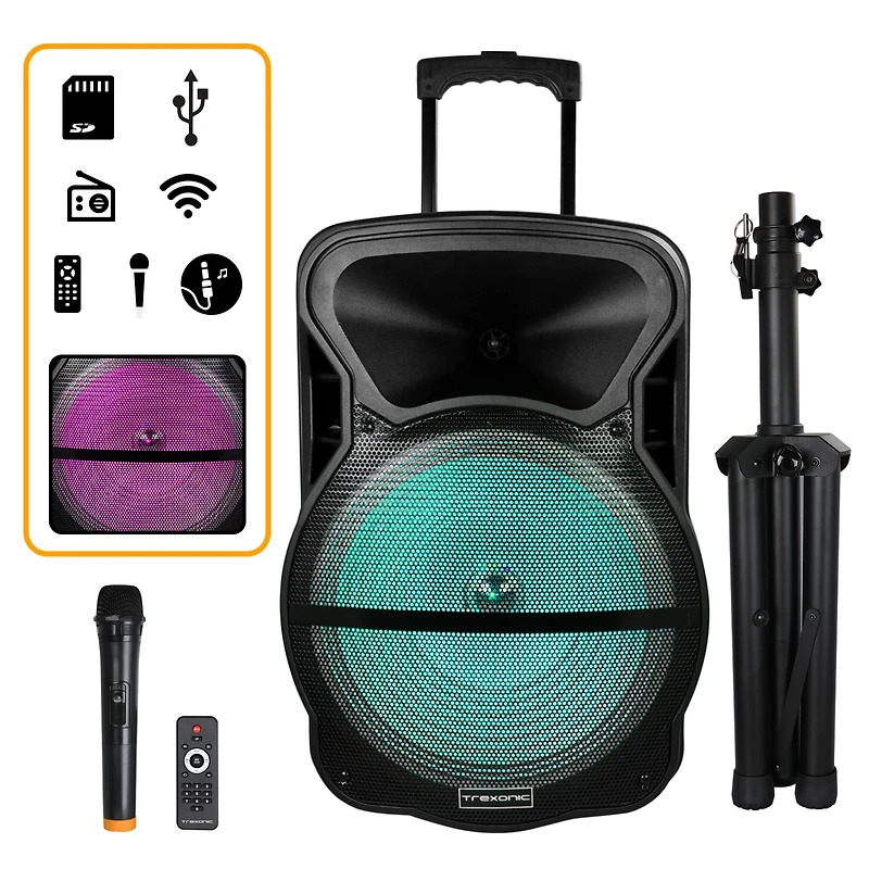 Trexonic Combination 15" Bluetooth Portable Speaker and Tripod Stand With Reactive Lights