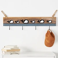 33.63" x 13.25" Brown Wood Handmade Distressed 4 Hanger Wall Hook with White Whales and Hanging Rope
