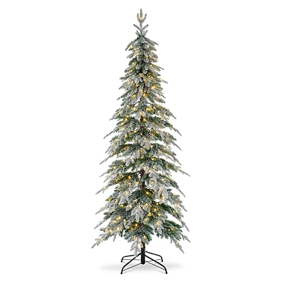 7.5ft. Pre-Lit Flocked Pencil Spruce Artificial Christmas Tree, Warm White LED Lights