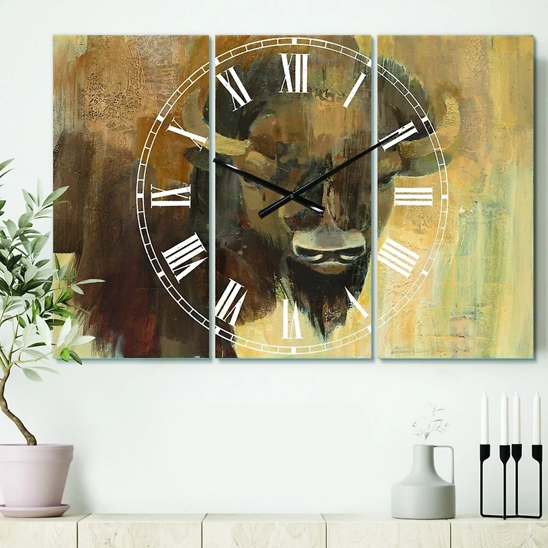 Designart Into The Wild Gold Buffalo Farmhouse 3 Panel Wall Clock