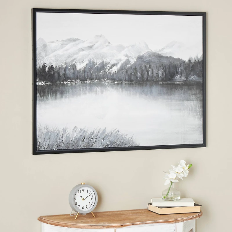 40" x 30" Gray Neutral Lake Landscape Canvas Framed Wall Art with Black Frame