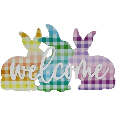 Pastel Gingham Easter Bunnies Welcome Wall Sign