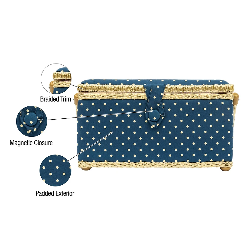 SINGER® Large Blue Polka Dot Print Sewing Basket with Matching Zipper Pouch
