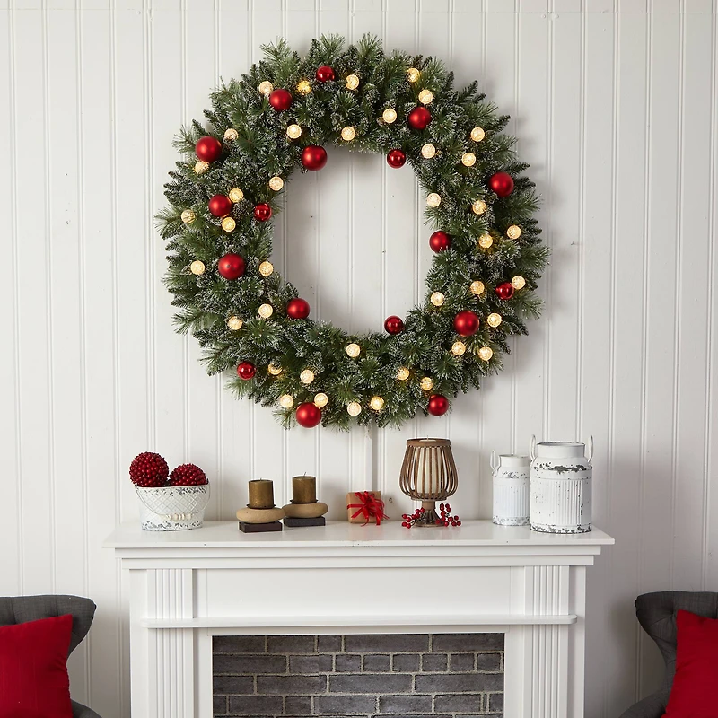 4ft. Oversized Pre-Lit Frosted Holiday Christmas Wreath with Ornaments