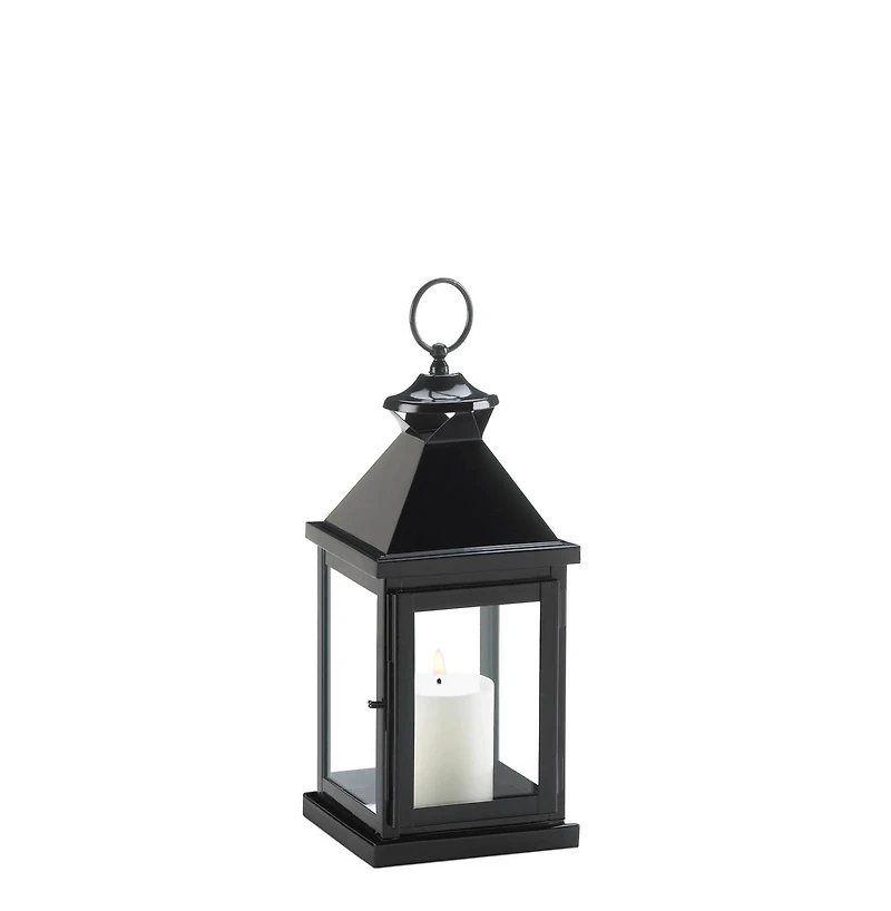 14" Glossy Black Iron & Glass Lantern