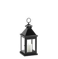 14" Glossy Black Iron & Glass Lantern
