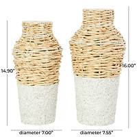Brown Seagrass Woven Vase with Speckled Black and White Bases Set