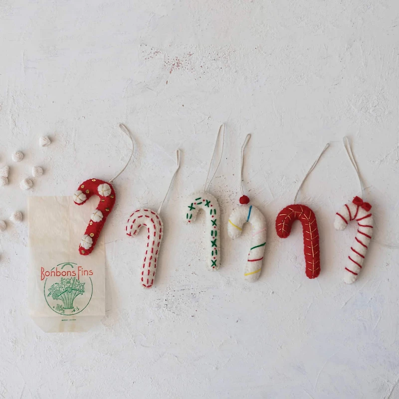 Hello Honey® 6 Pack 4" Embroidered Candy Cane Wool Felt Ornaments