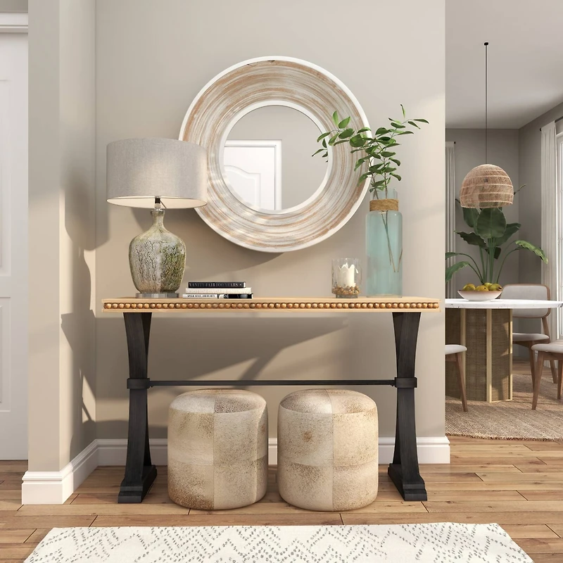 35" Cream Wooden Framed Wall Mirror with White Wash Effect