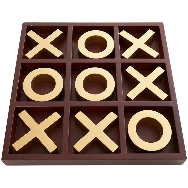 14" x 14" Brown Wooden Tic Tac Toe Game Set with Gold X & O Pieces