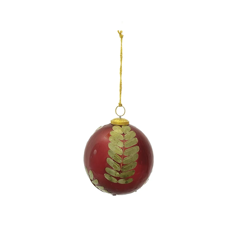 Hello Honey® 4" Red & Gold Embedded Eucalyptus Leaf Ball Glass Ornament