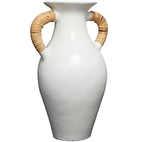 21" White Ceramic Jug Vase with Rattan Wrapped Handles
