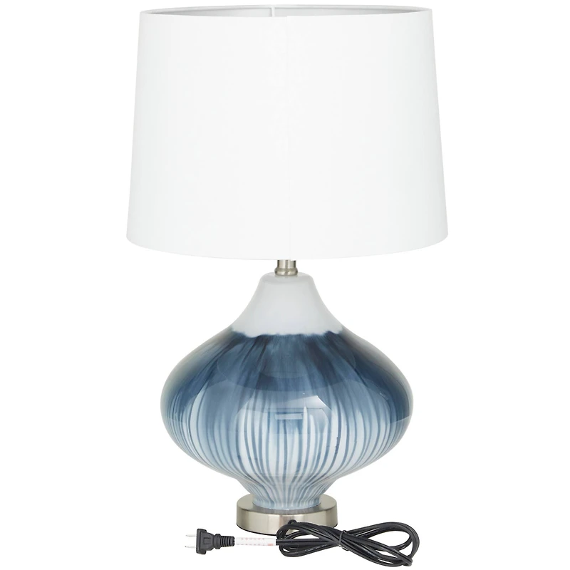 Blue Glass Gourd Style Base Table Lamp with Drum Shade 14" x 14" x 24"