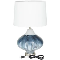 Blue Glass Gourd Style Base Table Lamp with Drum Shade 14" x 14" x 24"