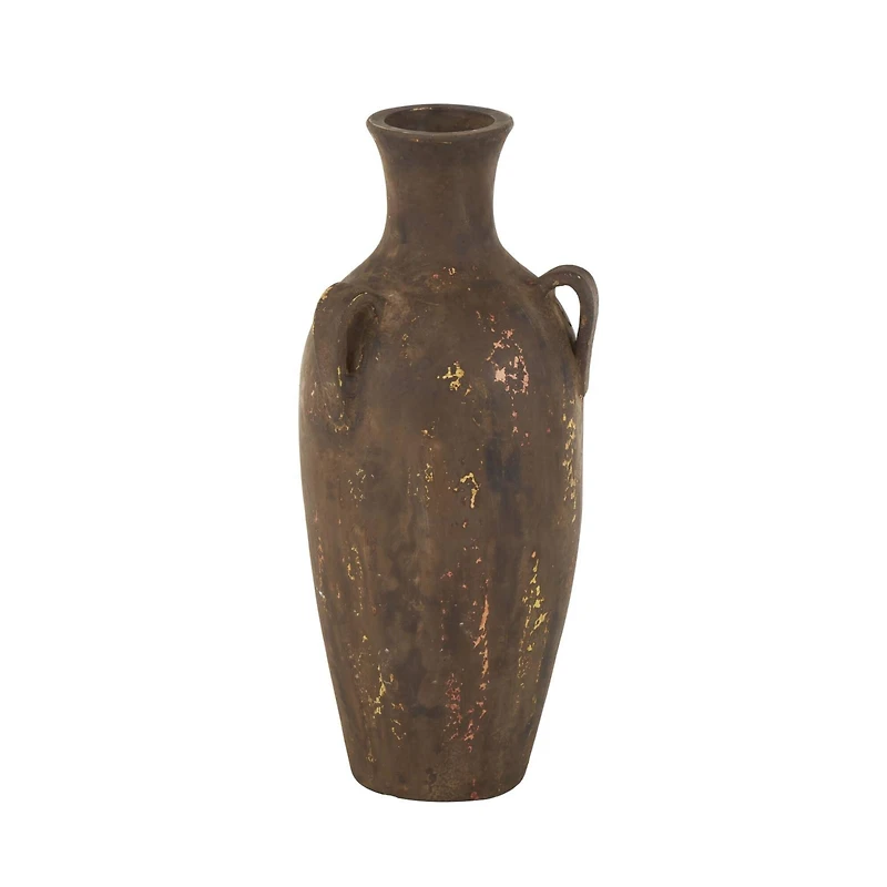 24.5" Dark Brown Ceramic Antique Style Distressed Decorative Vase with Handles