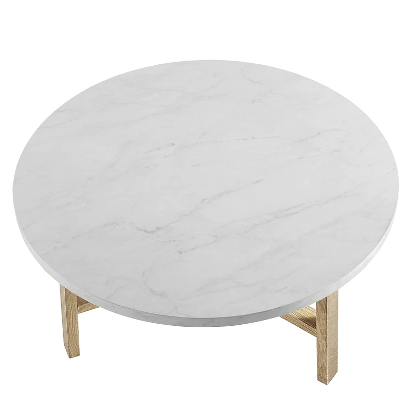 Faux White Marble & Light Oak Mid Century Modern Round Coffee Table