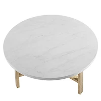 Faux White Marble & Light Oak Mid Century Modern Round Coffee Table